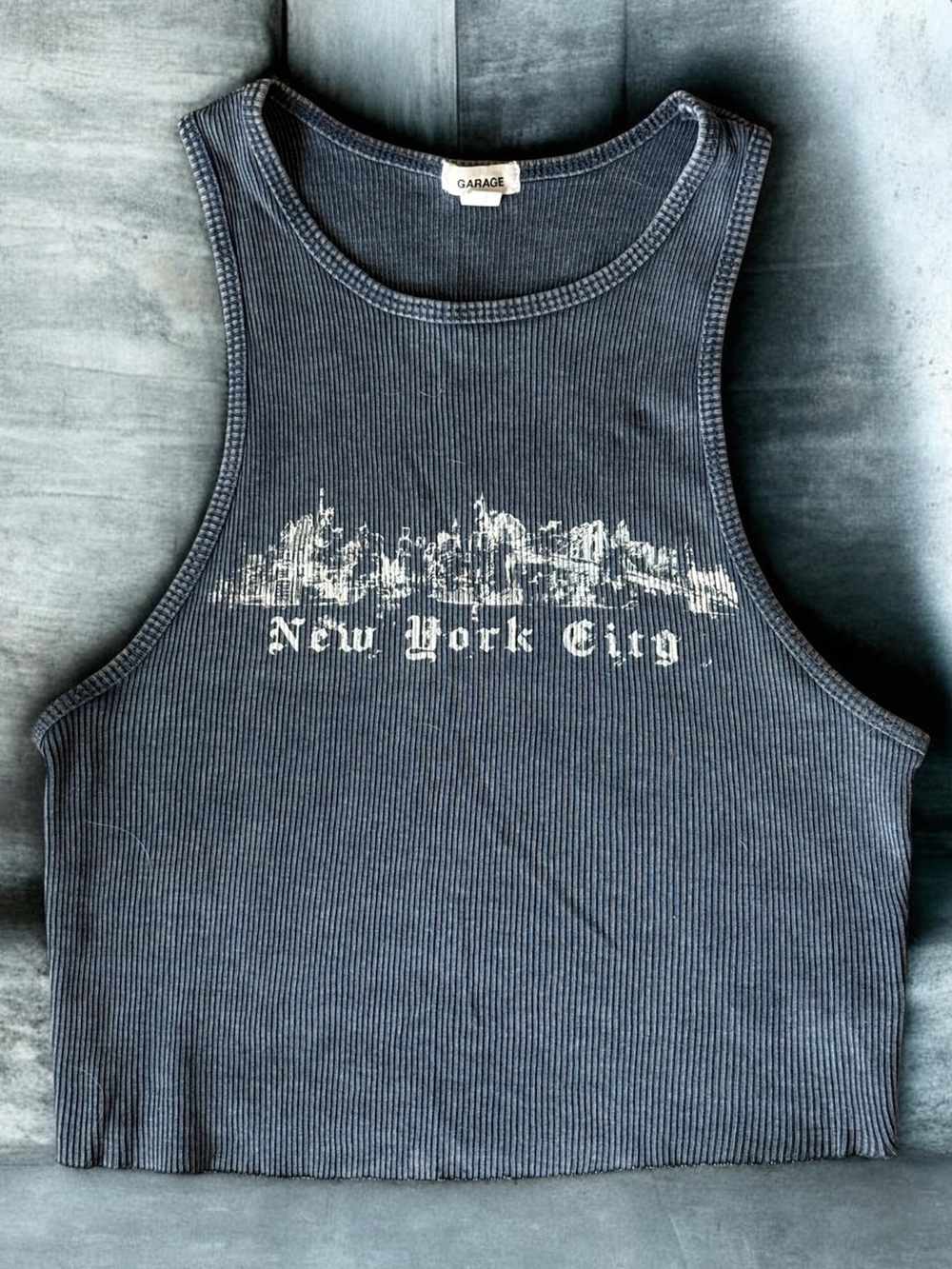 Garage Blue Washed Ribbed Cropped Tank with White New York City Print!